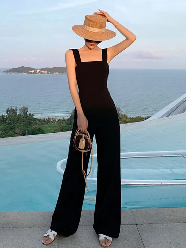 

Summer New One-Piece Suit High Waist Wide Leg Pants Strap Rer Set Women Commute Sle Korean Faion Polyester Fiber