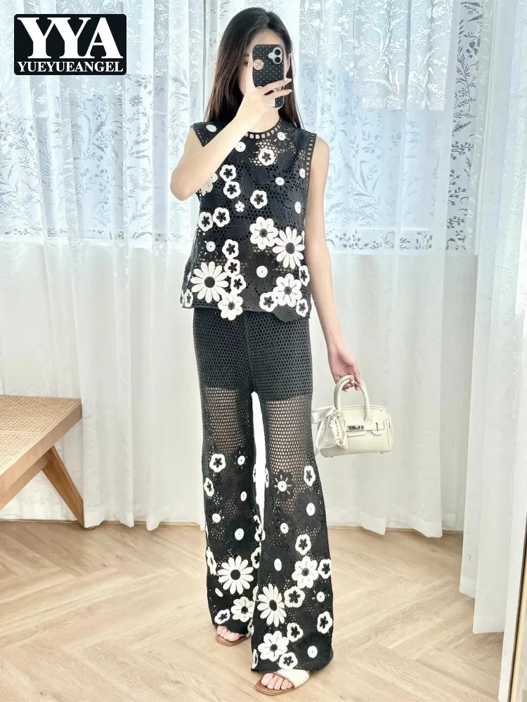 

Black Beige White Contrast Flower Crochet Hollow Out Female Vest Two-Piece Set Sleeveless Knit Waistcoat Full Length Pant Outfit