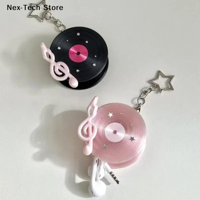 [NT]Y2K Vintage Record Shaped Earphone Cable Winder Portable Cord Holder With Keychain Ins Headphone Cable Organizer Bag Charm