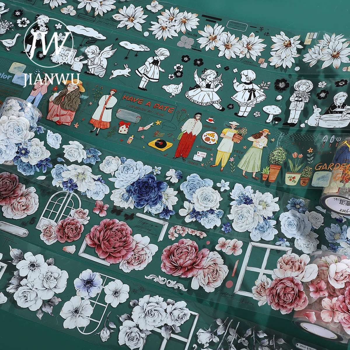 

JIANWU 500cm/600cm Vintage Flower Character Landscaping Material Collage PET Tape Creative DIY Journal Scrapbooking Stationery