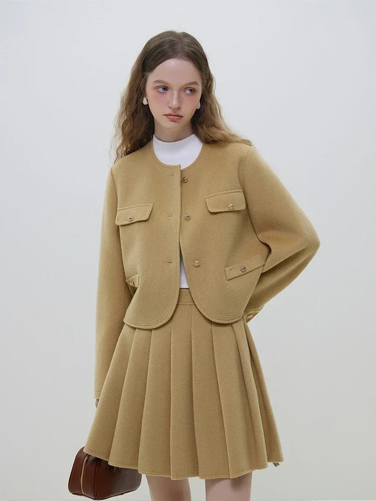 FSLE 100% Wool Yellow Jacket Skirt Woolen Sets Temperament Sweet Round Neck Short Wool Blazers Pleated Design Mini Wool Skirts