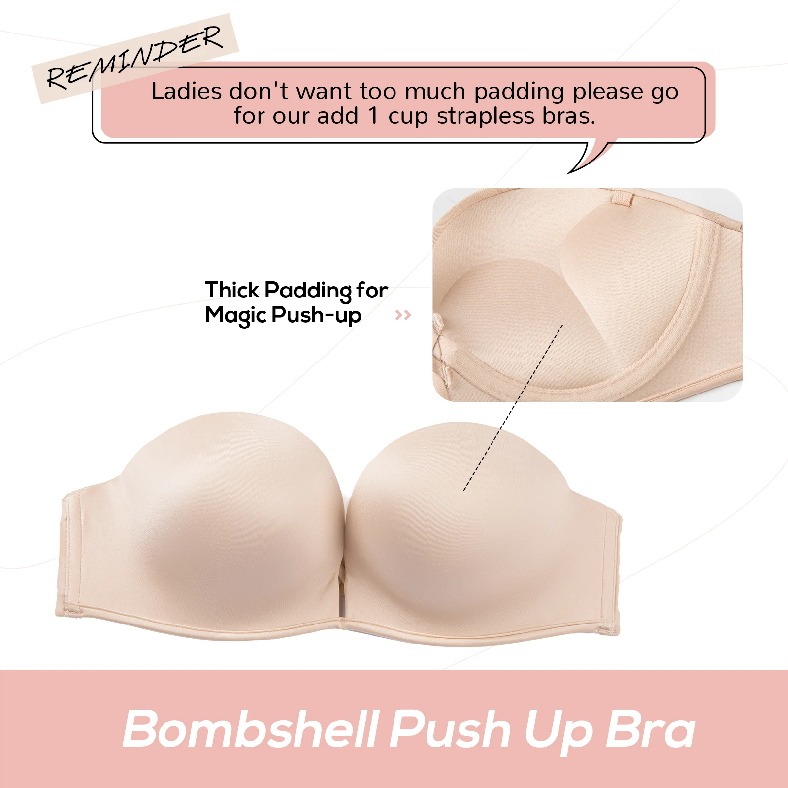 Women's Push Up Strapless Bra Convertible T-shirt Underwire Add-2-Cup Bandeau Invisible Bras Half Cup