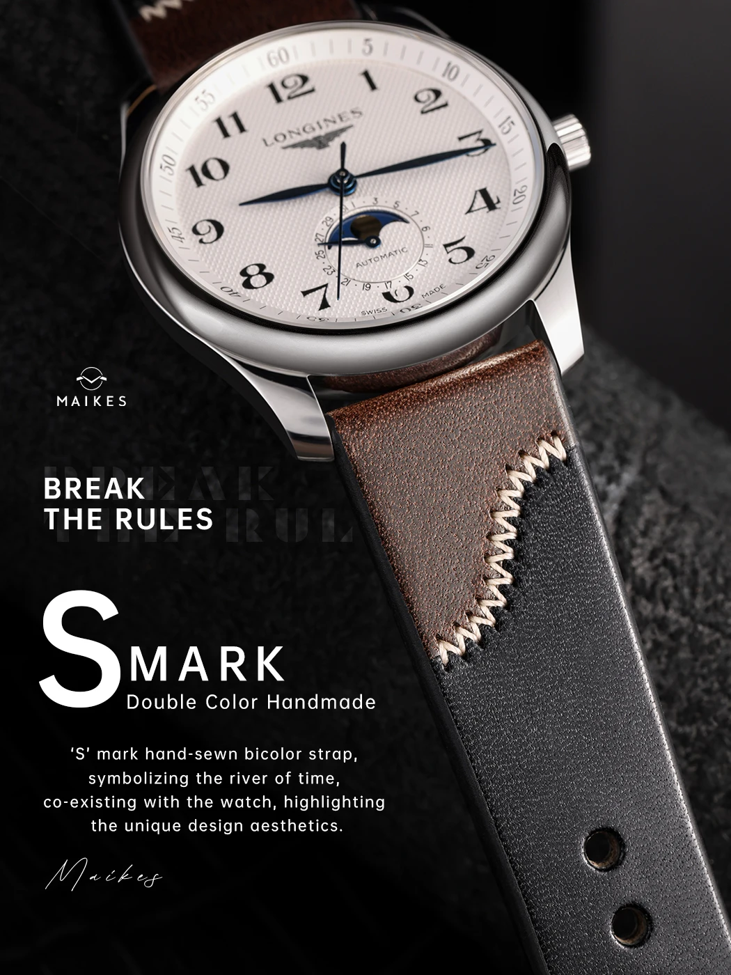 Maikes Handmade New Design Double Color Watch Band, Quick Release, Top Full Grain Leather Strap With Rose Gold Buckle