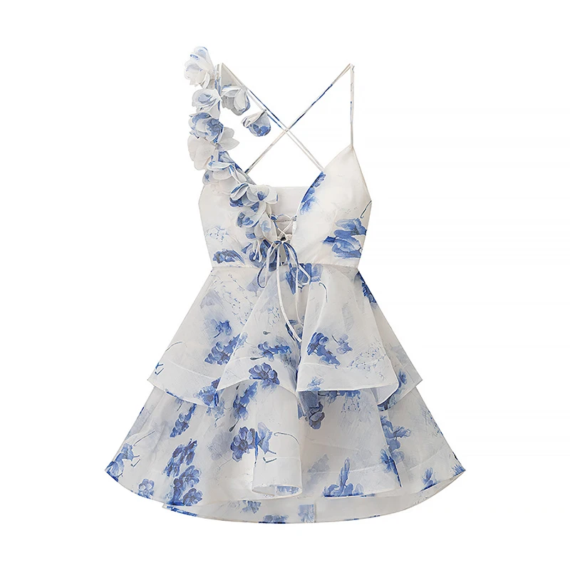 YENKYE Chic Bloemenprint Diepe V-hals Sexy Backless Sling Mini Jurken 2025, Verjaardag Straat Strand Feestjurken Vrouwelijke Vestidos