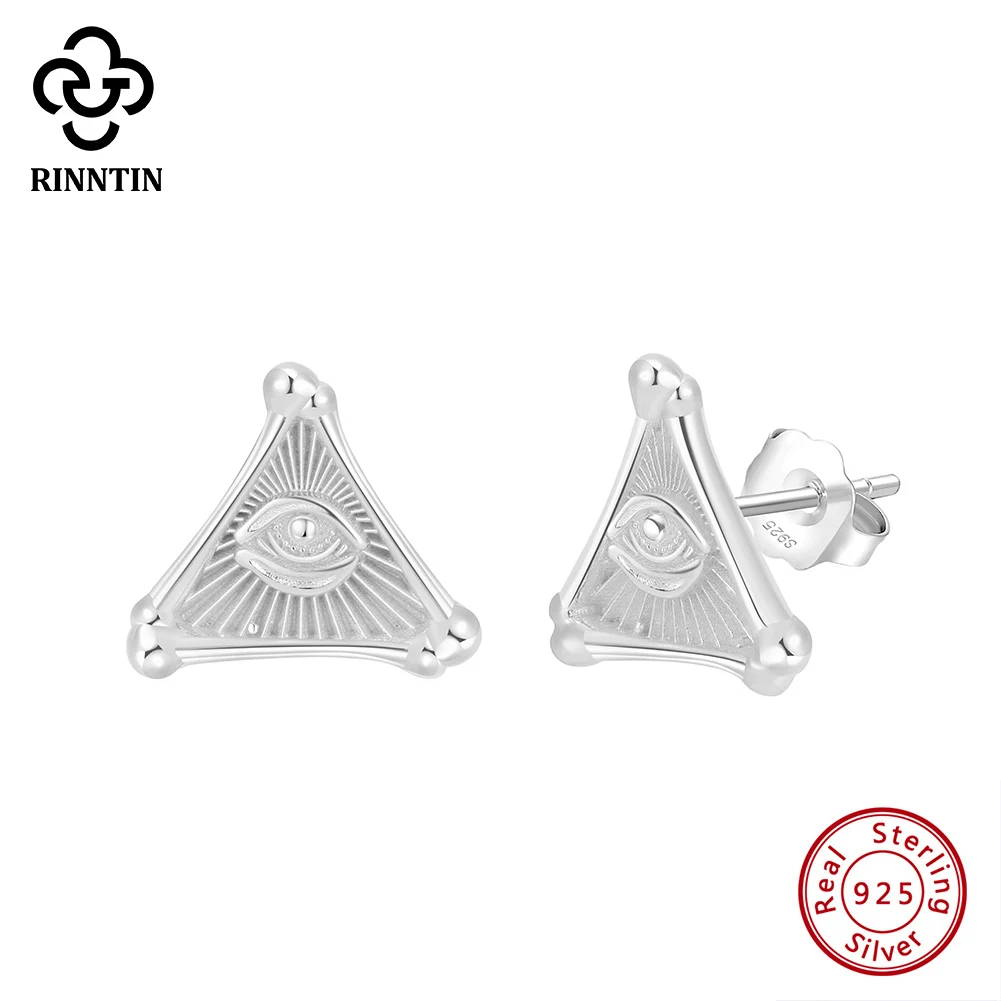 Rinntin 925 Sterling Silver Design Women Delicate Triangle Eye of Horus Egypt Stud Earrings Vintage Hip Hop Jewelry Gift GAE09