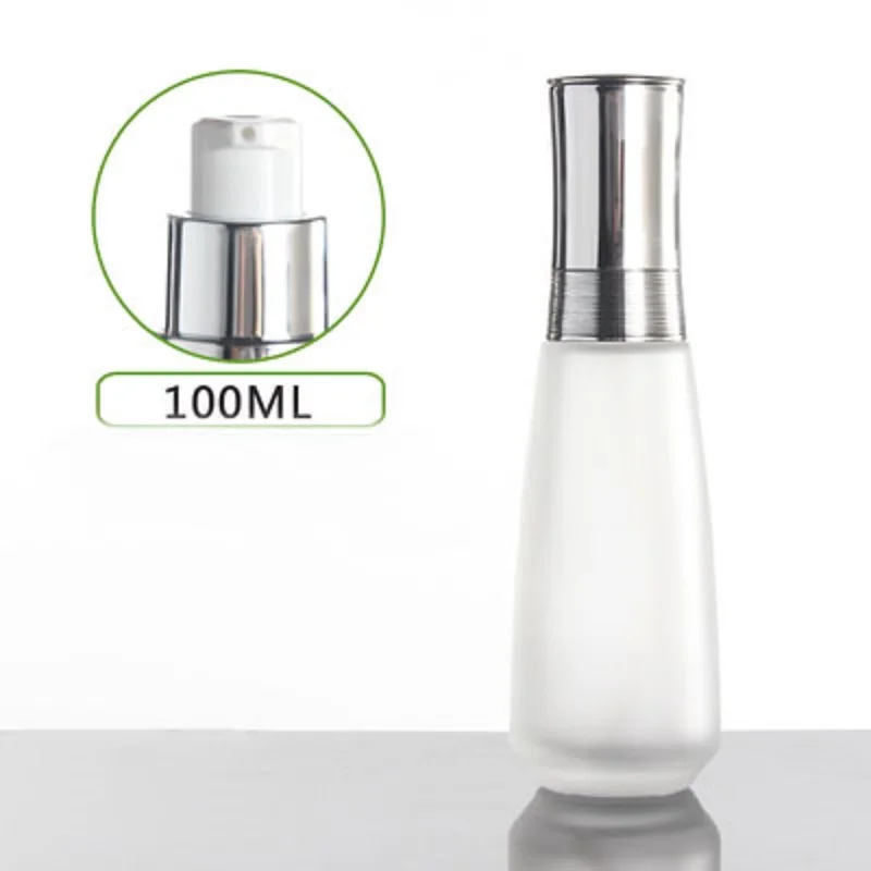 

100ml frosted glass bottle with silver/gold pump lid for lotion/emulsion/serum/toner/foundation skin care cosmetic packing