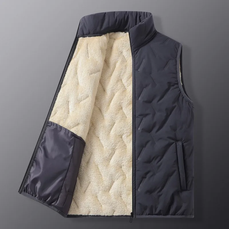 2024 New Men\'s Stand Up Neck Thickened Autumn and Winter Casual Fashion Solid Color Sleeveless Ruched Stripe Standard Vest Coat
