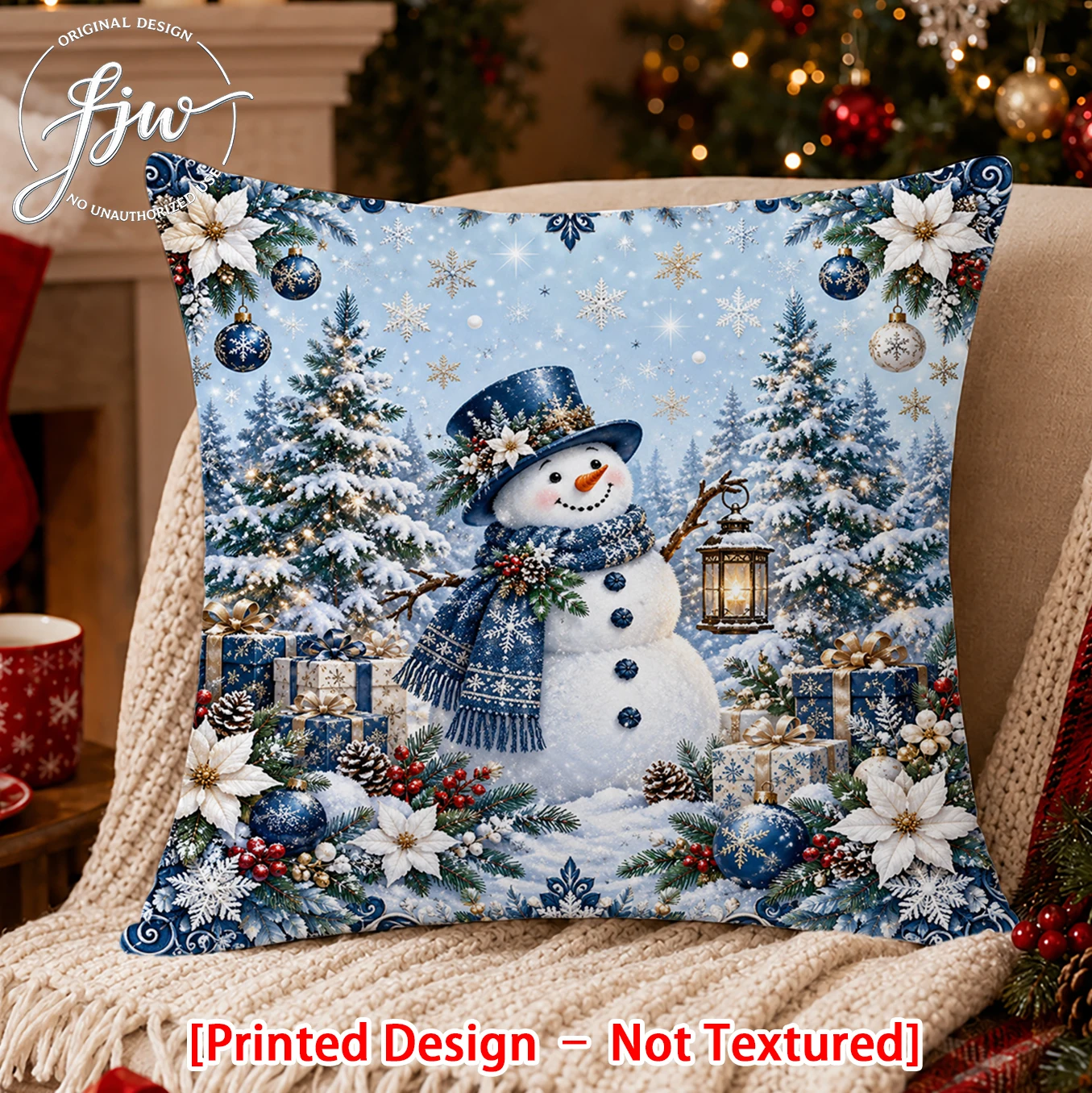 1pc Winter Christmas Snowman Throw Pillow Covers, Festive Blue Winter Wonderland Cushion Cases for Sofa Decor
