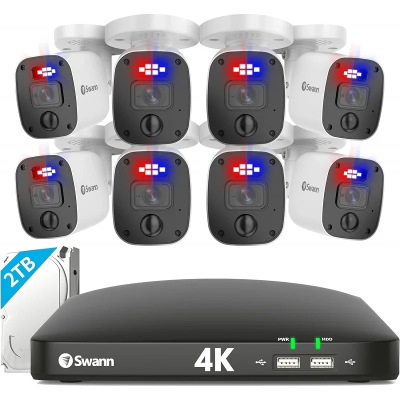 Swann Home DVR Security Cam System with 2TB HDD, 8 Channel 8 Cam, 4K UHD Video, Indoor Outdoor Wired Surveillance CCTV, Color Ni