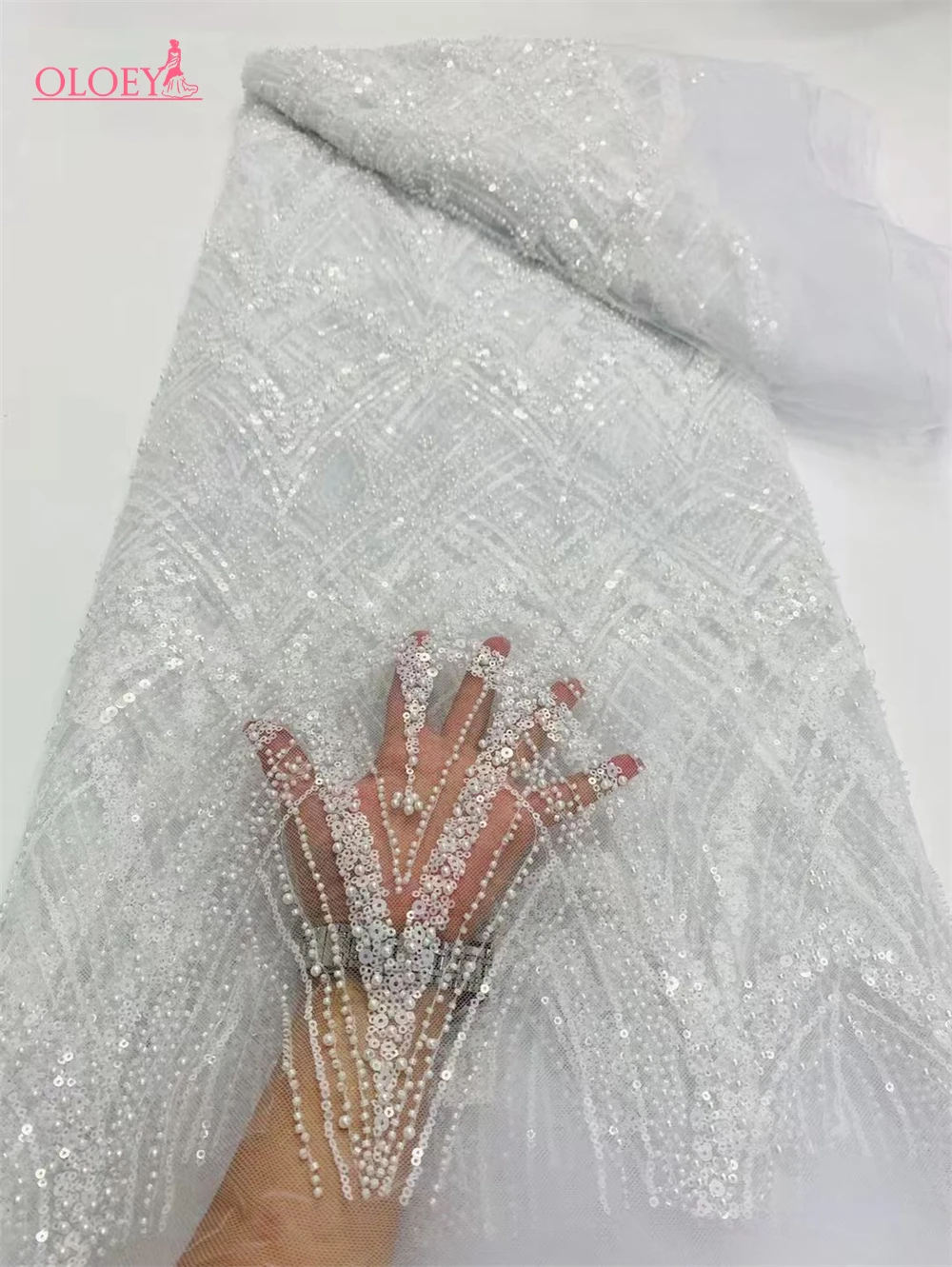 White Latest Hot Sale  Africa Lace Fabric High Quality Handmade Embroidery Lace With Beads Sequins Party For Wedding Dress