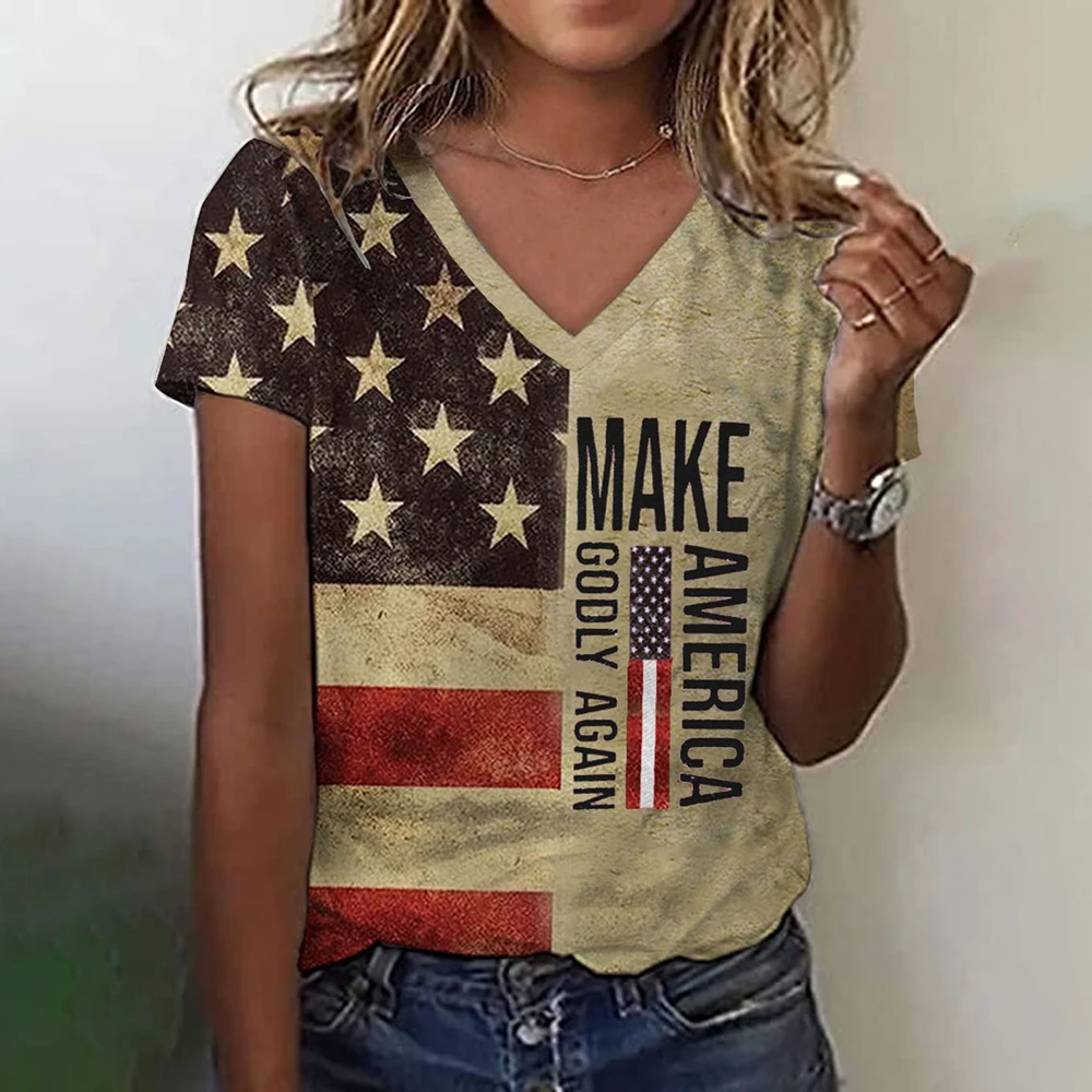 

Summer Fashion Designer Women's T-shirts United States Flag Print V-neck Short Sleeves T shirt 2024 New Women Clothing Tops