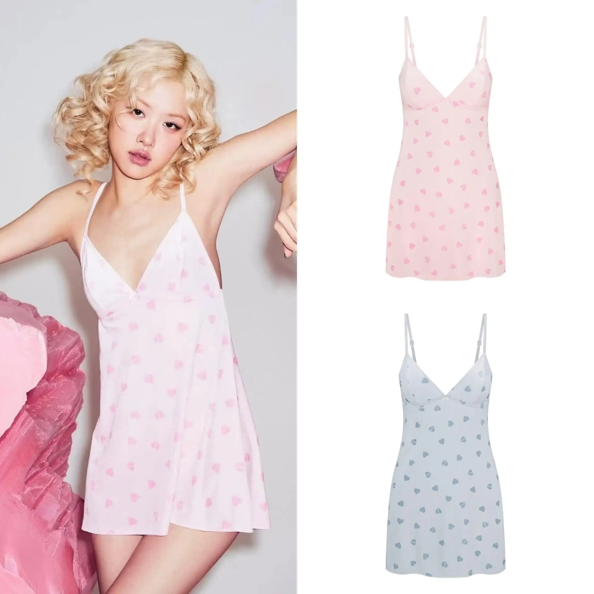 Valentine's Day IAMUBABA Heart Print Halter Dress Sleepwear Short Sleeveless Thin V-neck Summer Casual Home Youth Women's Dress