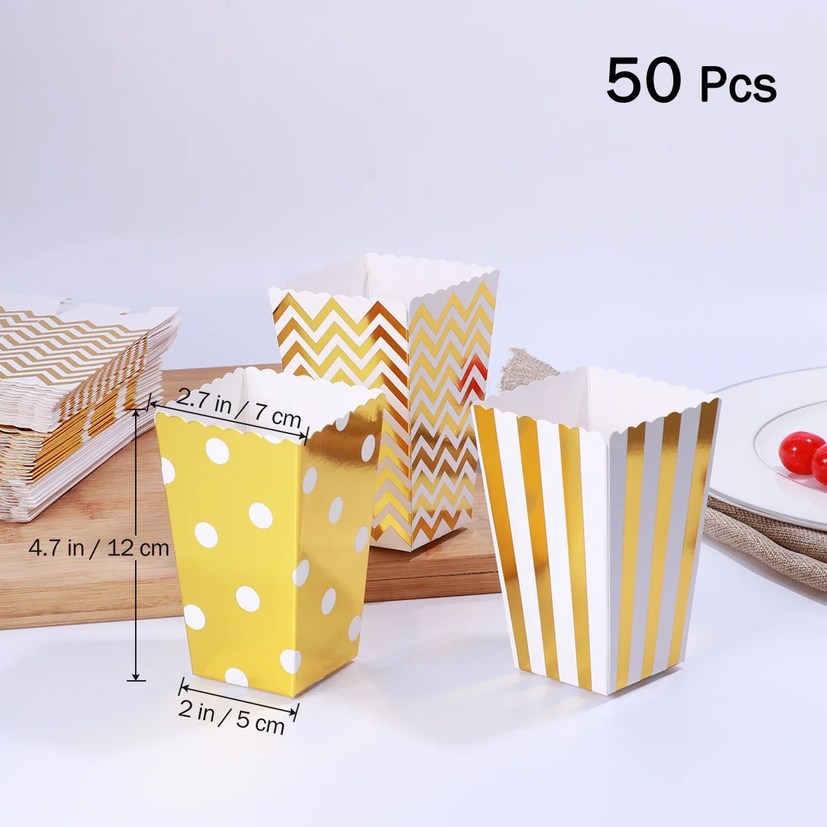 50 Uds. Cajas de papel para palomitas de maíz, bolsas de cartón, caja de palomitas de maíz, suministros para fiestas, aperitivos, comida, caja de maíz, contenedor de dulces, cajas de golosinas (dorado)