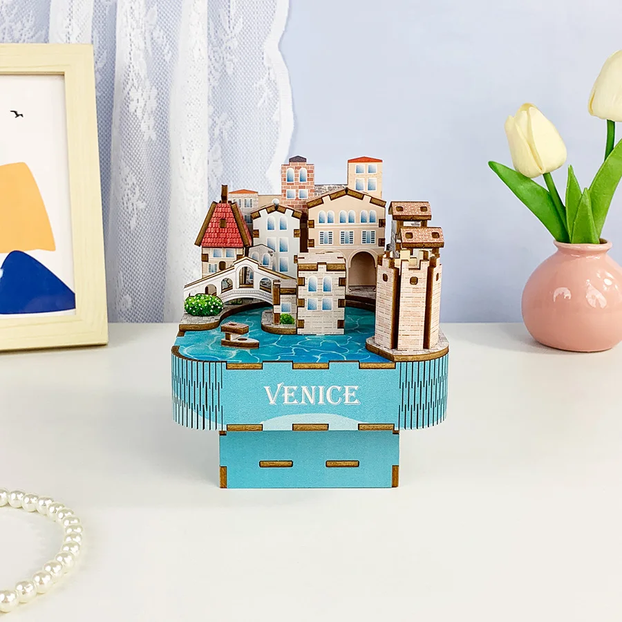 Hot New Arrival Venice 3D Wooden Puzzle Music Box Wind-Up Rotating Gondola DIY Craft Universal Gift for All People Birthday Xmas