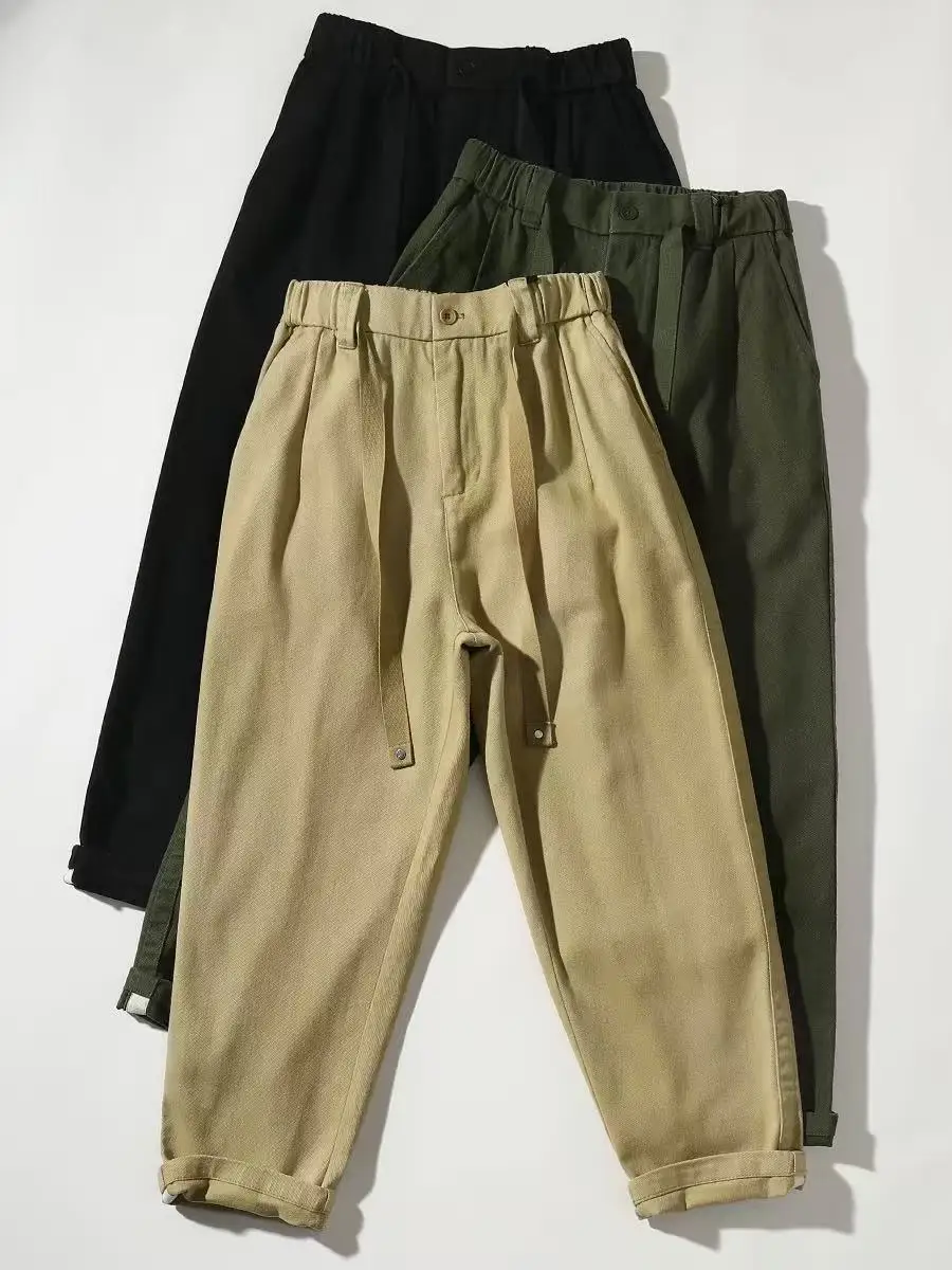 

Мужские повседневные брюки из хлопка в стиле ретро, весенне-осенние, универсальные, с двойными складками, зауженные, свободные, прямые, широкие, в стиле рабочей одежды, L