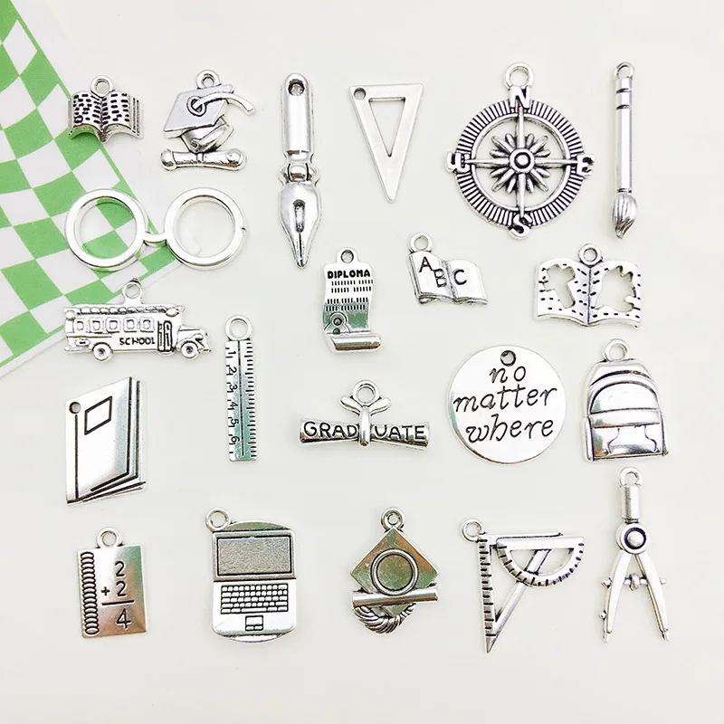 10PCS/Lot Mix Silver Color Book Bachelor Cup Pen Charms Paint Board Pendant Making School Supplies Jewelry Accessories