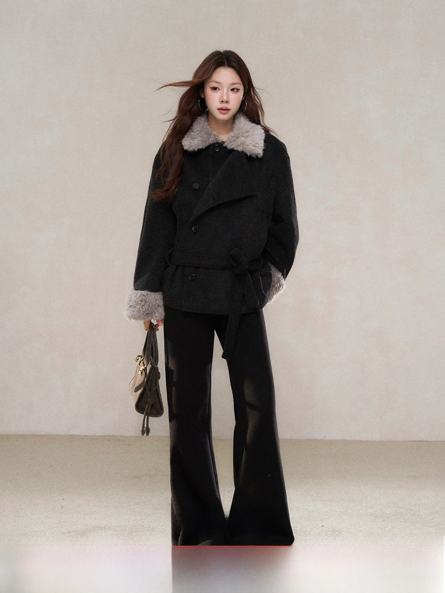 

Bla Faux Fur Collar Woolen Coat Women's Winter New Sle ular Little Wild Berries Korean Version Loose Fit Long Sve