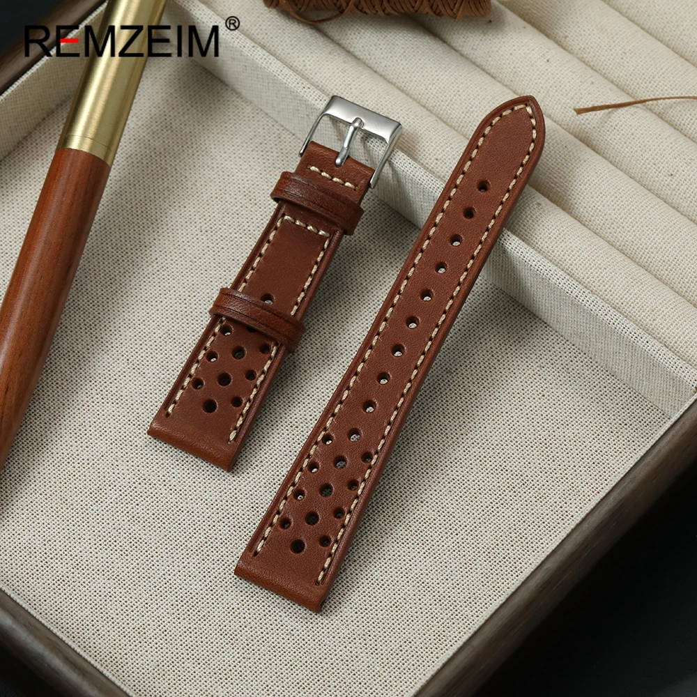 Pulseira de couro artesanal vintage, design respirável, 20mm 22mm, substituição universal, pulseira de relógio de pulso