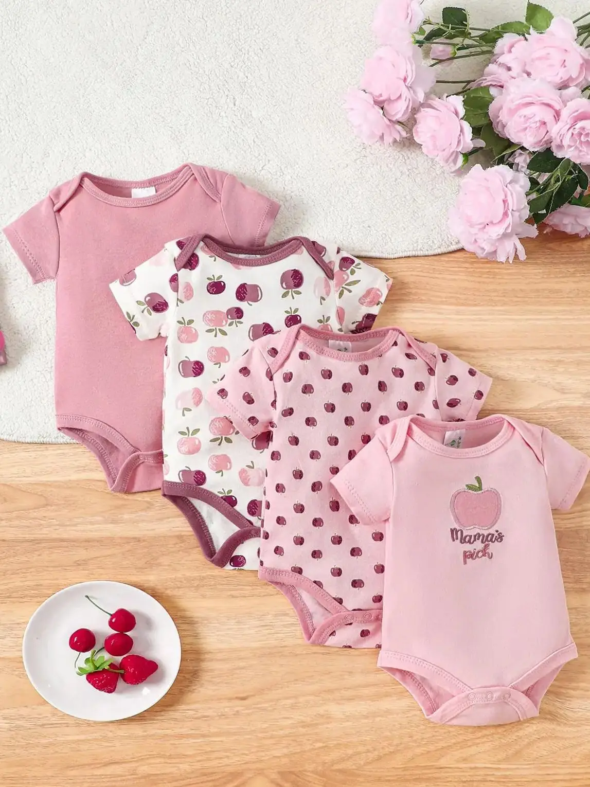 4PCS Newborn Infant Romper Short Sleeve Round Neck Cartoon Animal Flowers Print Bodysuit Onesies For Baby Boys And Girls Clothes