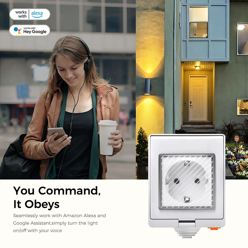 Konyks Pluviose Easy EU Smart stopcontact voor buiten, wifi BT, IP 55, 16 A, 3680 W, verbruiksmeter, compatibel met Alexa en Google Home, eenvoudige automatisering