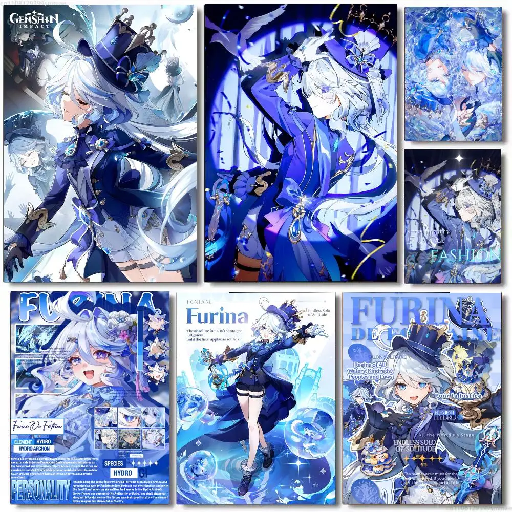 game Genshin Impact Furina Trendy Classic HD Self-Adhesive Waterproof Art Poster Room Decor, New Arrival On Sale