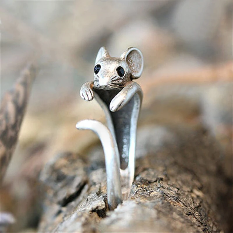 Huitan Vintage Mouse Animal Finger Ring for Women Antique Silver Color Gothic Girls Knuckle Rings Fancy Gift 2023 Hot Jewelry