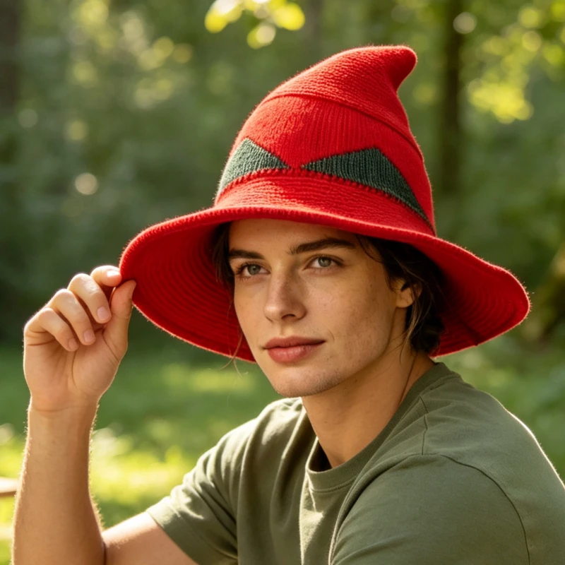 European American Color Block Wizard Hat Pointed Wide Brim Foldable Knit Head Hat