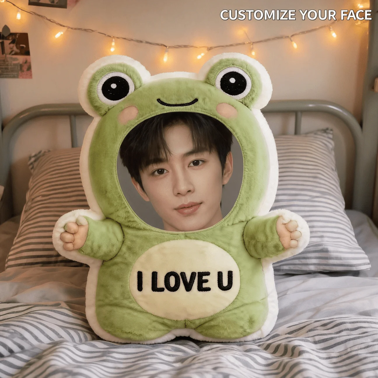 Custom Face Frog Shaped Pillow, Personalized Photo Decorative Cushion with I LOVE U Design, 23.62inch Accent Pillow for Sofa & B