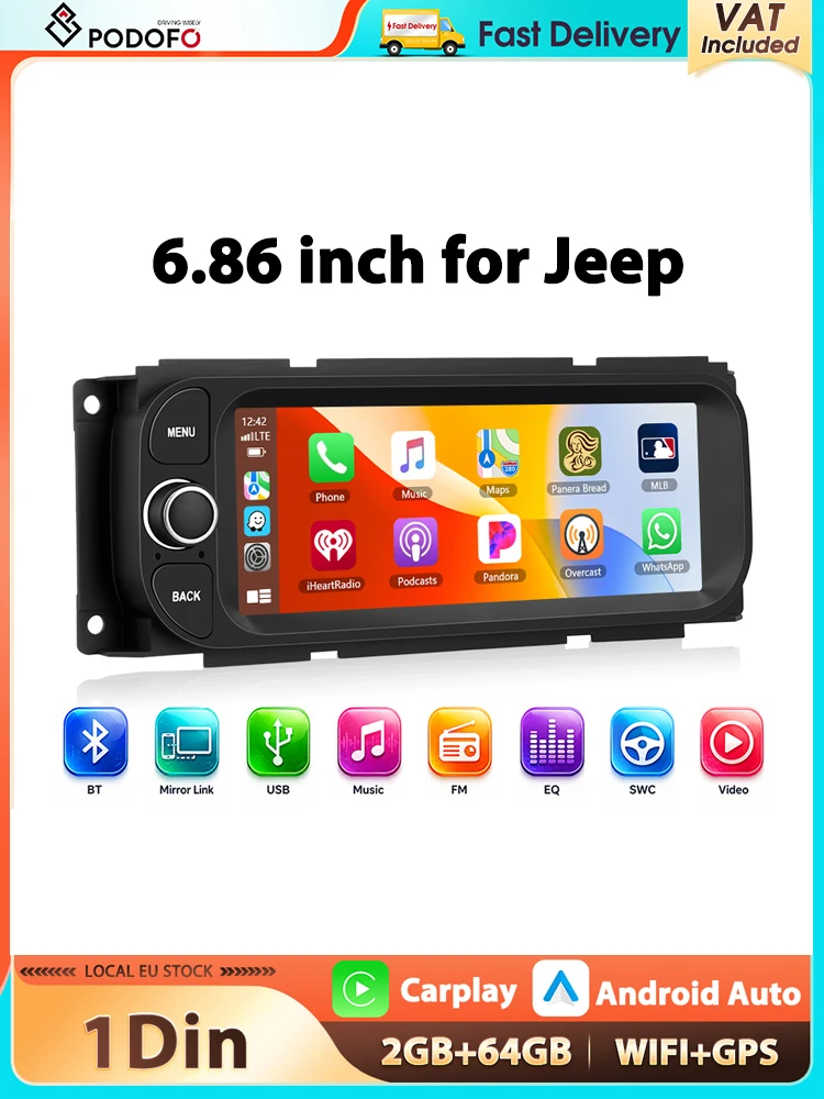 Podofo 2+64G 6,86'' Autoradio für Jeep Chrysler/Grand Cherokee/Dodge Multimedia-Player Carplay Android Auto WIFI GPS-Navigation FM RDS Autoradio