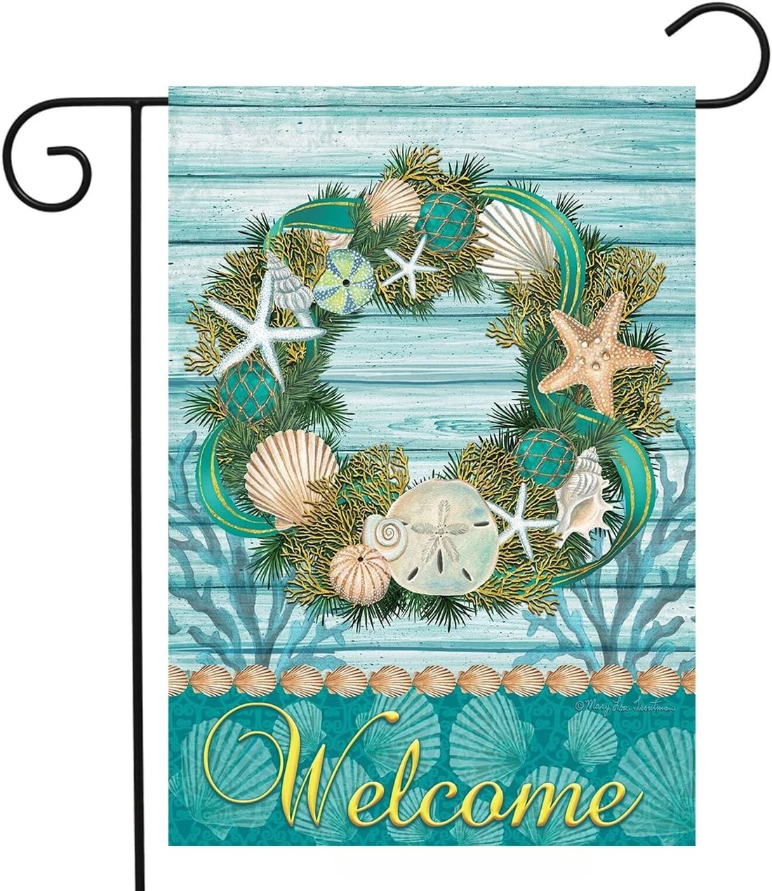 Coastal Wreath Summer Garden Flag Welcome Nautical Shells 12x18in