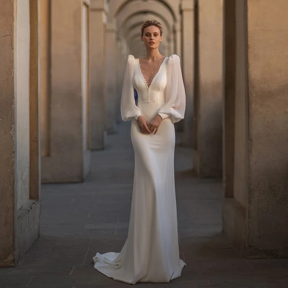 

Customized Glamorous Wedding Dresses V-Neck Backless Bridal Robes Long Puff Sleeves Gowns For Formal Party Vestidos De Novia