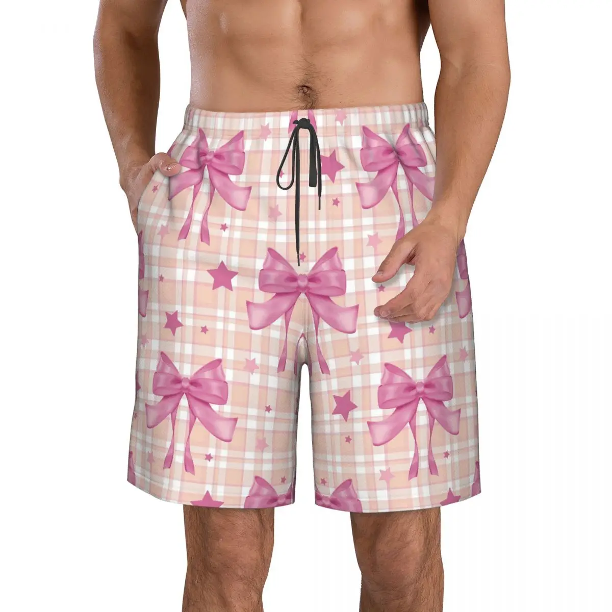 Pink Plaid, Bows And Stars Trunks Beach Board Shorts Casual Quick Dry Swim Summer Men Pants