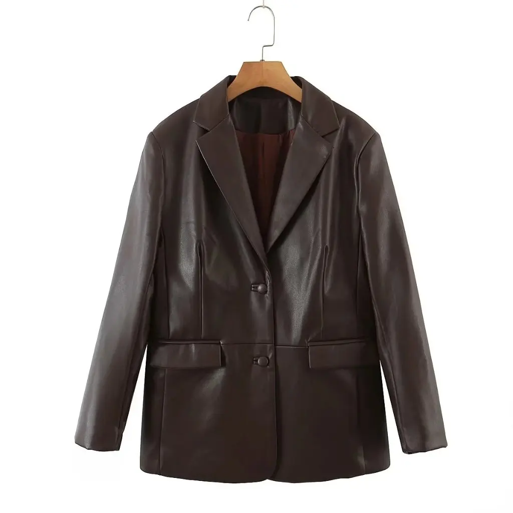 

Women's Mid-Length PU Leather Suit Jacket Large Loose Style Two-Button Fashion Outerwear for Fall
