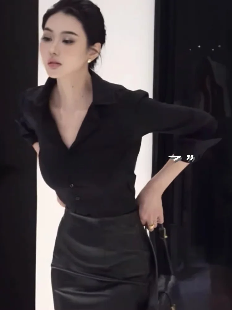 

Black Shirt Women's Luxury Commute Long Sleeve Button up Top Professional Office Inner Wear Base Layer Shirt Korean Style