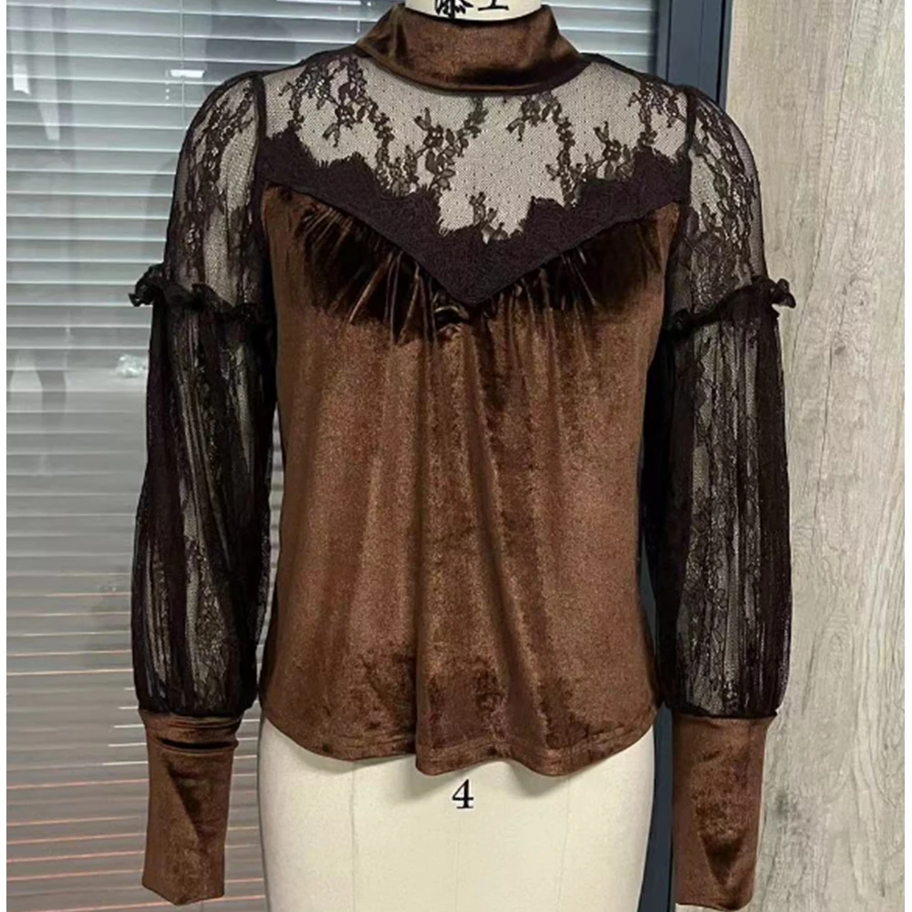 Vintage Punk Style Velvet Shirt for Women Long-sleeve Half Turtleneck Base Blouses Sexy Mesh Lady Tops