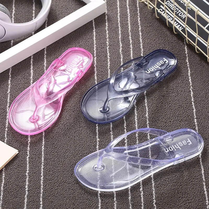 Summer Beach Flat Clear Flip Flops Girls Transparent Slippers Female Jelly Shoes Plain Color Women's Flip-Flops Ladies Slides