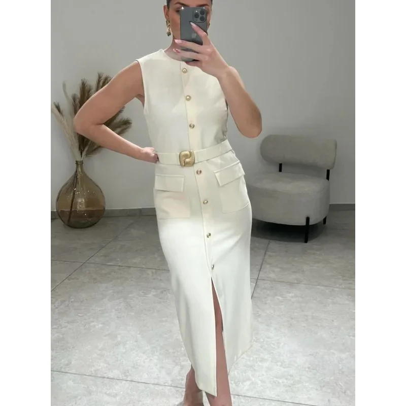 

Women's Chic Sleeveless O-Collar Midi Dress with Belt Decorated Hem Slit Single Breasted Back Zipper Slim Fit Fashion Dress