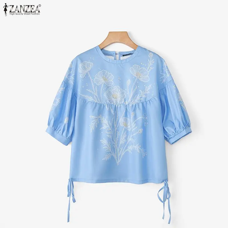 French Vintage Floral Blusas Tunics ZANZEA Women Blouse 3/4 Lantern Sleeve Round Neck Drawstring Hem Blusas Loose Babydoll Tops