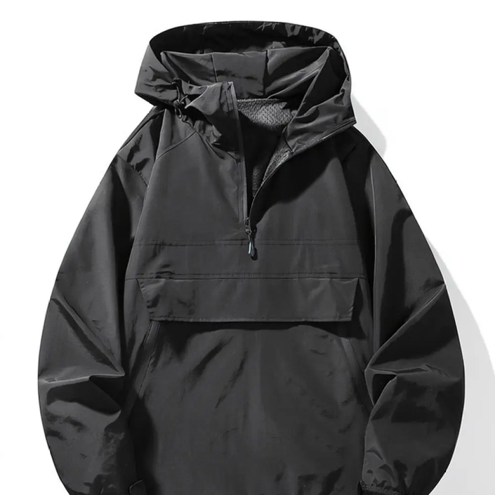 Mens Half Zip Hooded Jacket Spring Fall Loose Fit Tactical Cargo Windbreaker Outdoor Hiking Sportswear Casual Overcoat