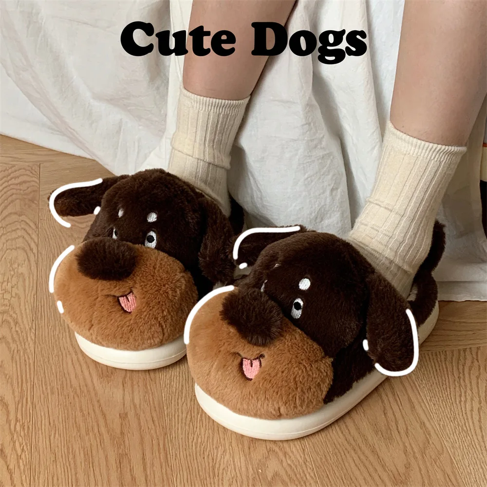 

Ugly Cute Puppy Plush Slippers Winter Warm Fluffy Home Shoes Non-slip Indoor Slippers for Couple Men Women