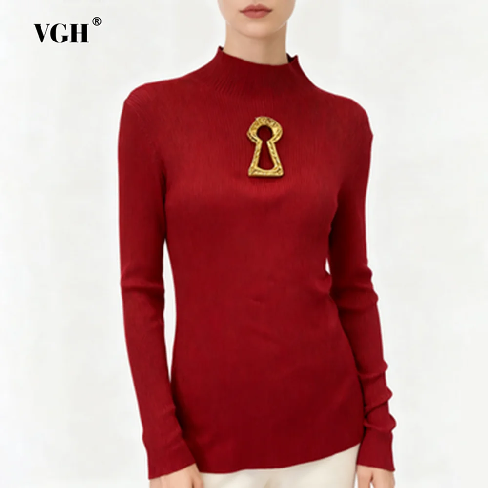 

VGH Solid Vintage Slim Fit Warm Wool Sweaters For Women Round Neck Long Sleeve Autumn Commute Sweater Female Fashion Style New