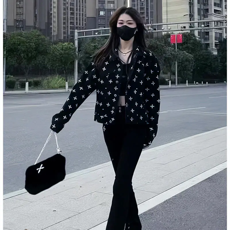 Retro Cross Flower Denim Black Coat for Women's Spring and Autumn 2023 New Korean Edition INS Loose Casual Versatile Top