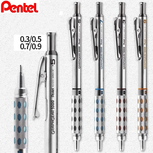 Lápiz mecánico de Metal Pentel Graphgear 1000 de Japón, bolígrafos de actividades de dibujo de centro de gravedad bajo de 0,3/0,5/0,7/0,9MM, papelería artística