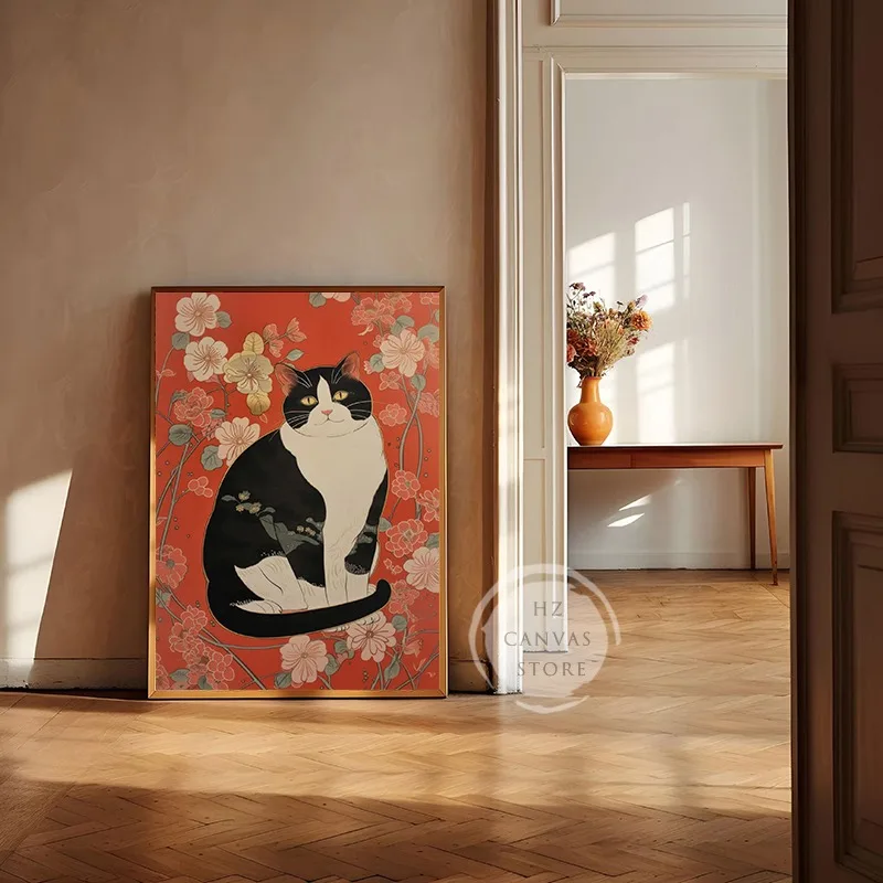Japanese Ukiyo-e Floral Cats Vintage Posters and Prints Canvas Painting Retro Cat Wall Art Picture for Living Room Home Decor