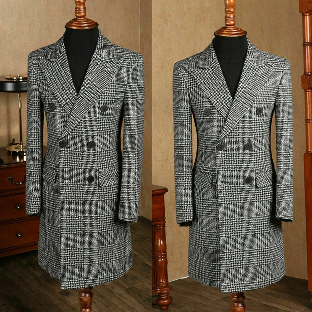 Men\'s long suit jacket Plaid double breasted Casual Business coat Men\'s suit Wedding ball suit