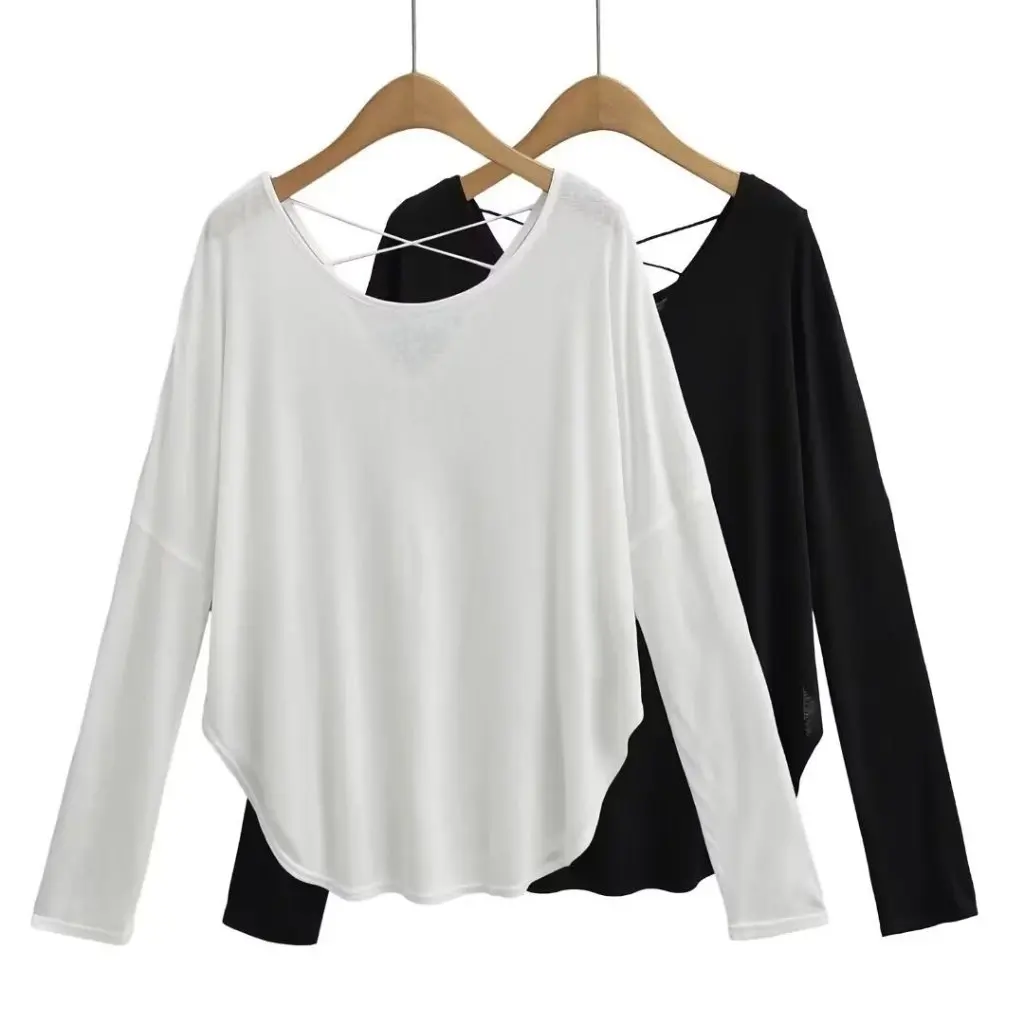 

Women's Lazy Style Sun Protection Blouse Long-Sleeved Loose Fit Curved Hem Top with Back Straps for Spring Summer