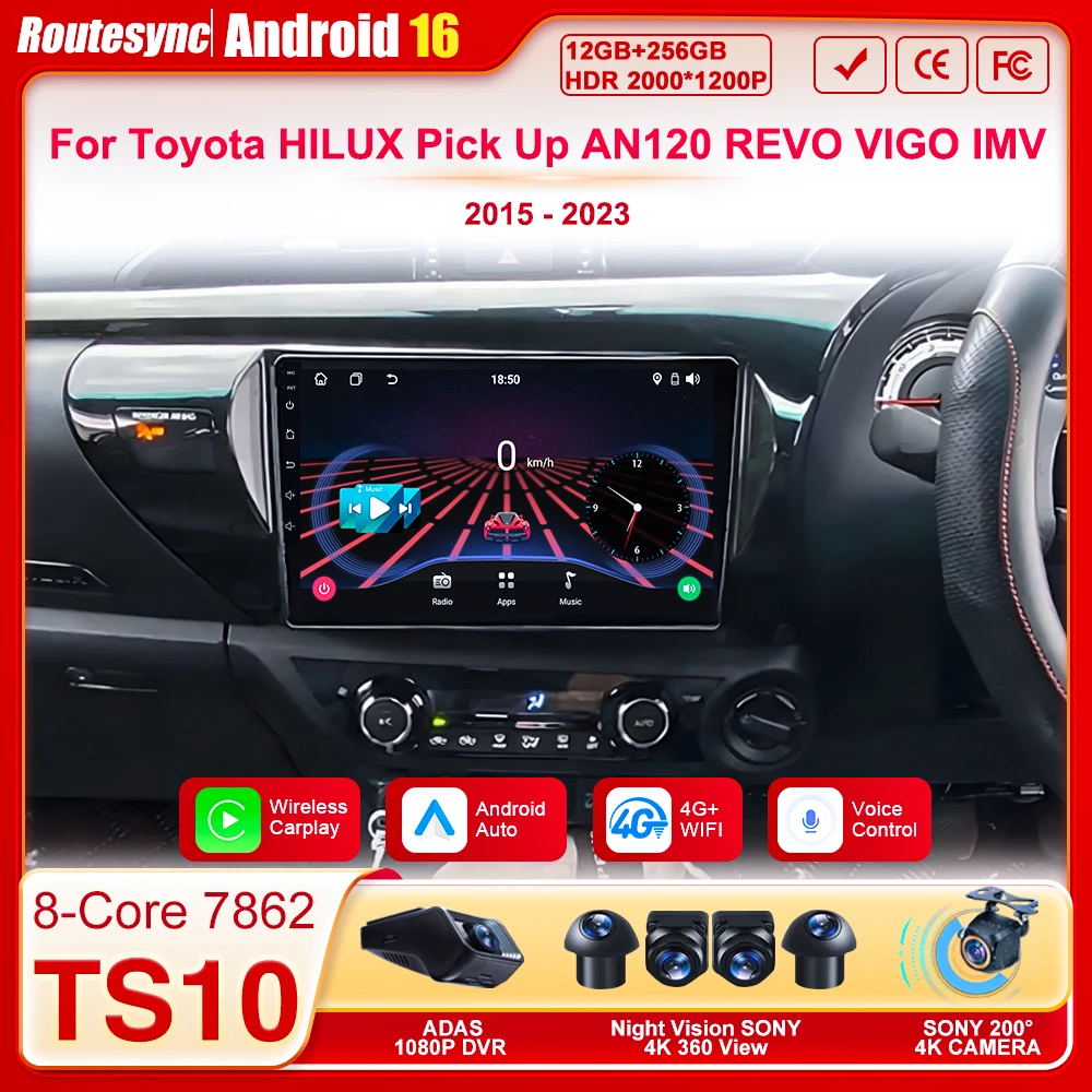 

Автомобильный радиоплеер 2 Din Android 16 для Toyota HILUX Pick Up AN120 REVO VIGO IMV 2015-2023 Беспроводной Carplay Auto Stereo 8-ядерный