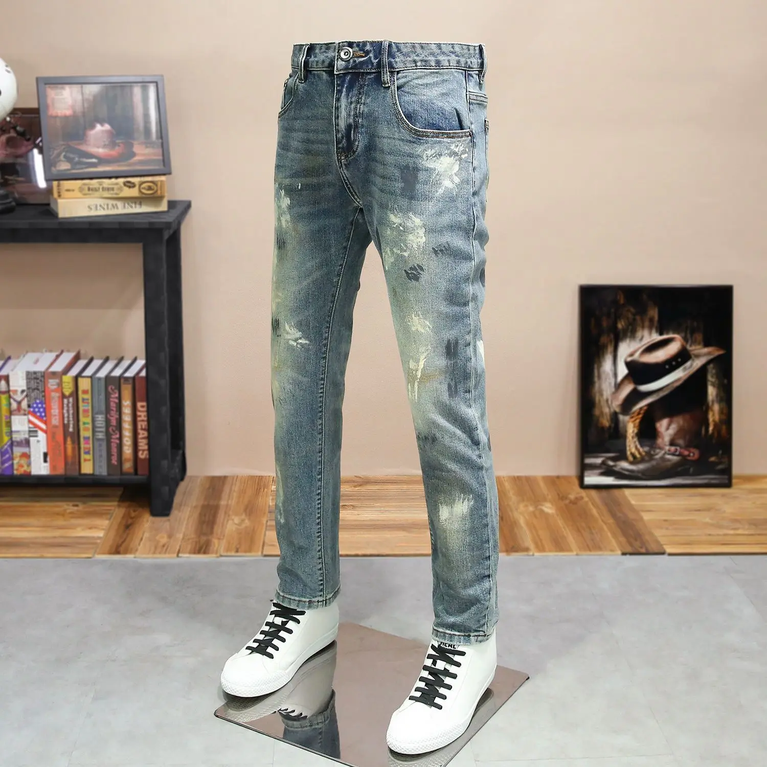 Small-footed Jeans 2025 New Men's Spring and Summer Trendy Brand Ink-splashing Trousers Slim and Thin Handsome Men Clothes Pants