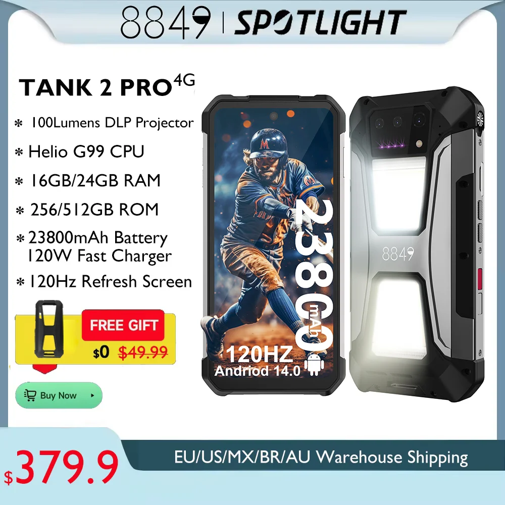 8849 Tank 2 PRO Unihertz Rugged Smartphone with Projector 16GB 256/256GB 23800mAh 120W Android 14 Phone 100MP Cell Phone