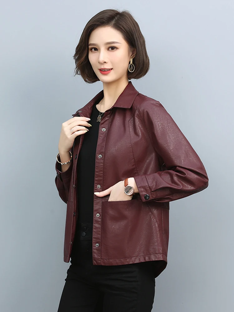 Spring 2025 ort Sle Women's Leather Jaet Motorbike Coat Flip Collar Faion Slim Fit Korean Version Haining Genuine Lea...